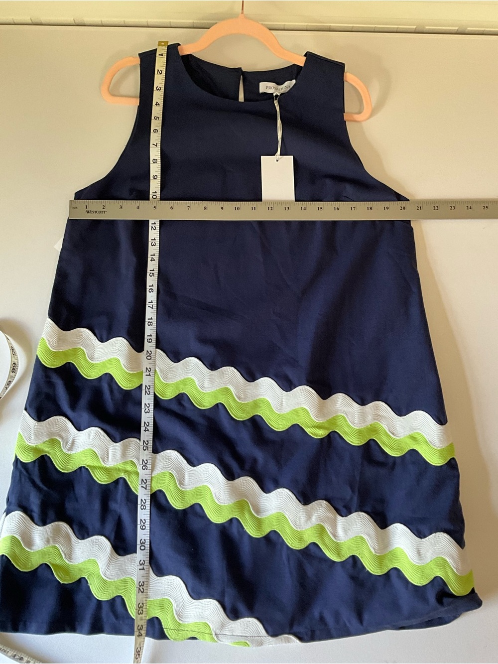 Navy Sleeveless Mini Dress with White & Lime Wave Trim - Picture 7 of 9